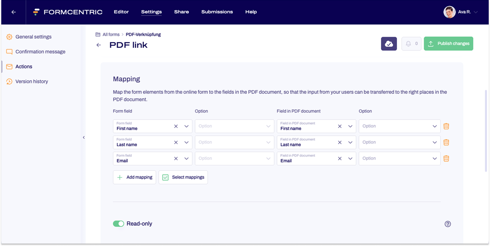 The PDF link area is open. Three assignments can be seen in the Assignment section. The form elements First name, Last name and Email address are assigned.