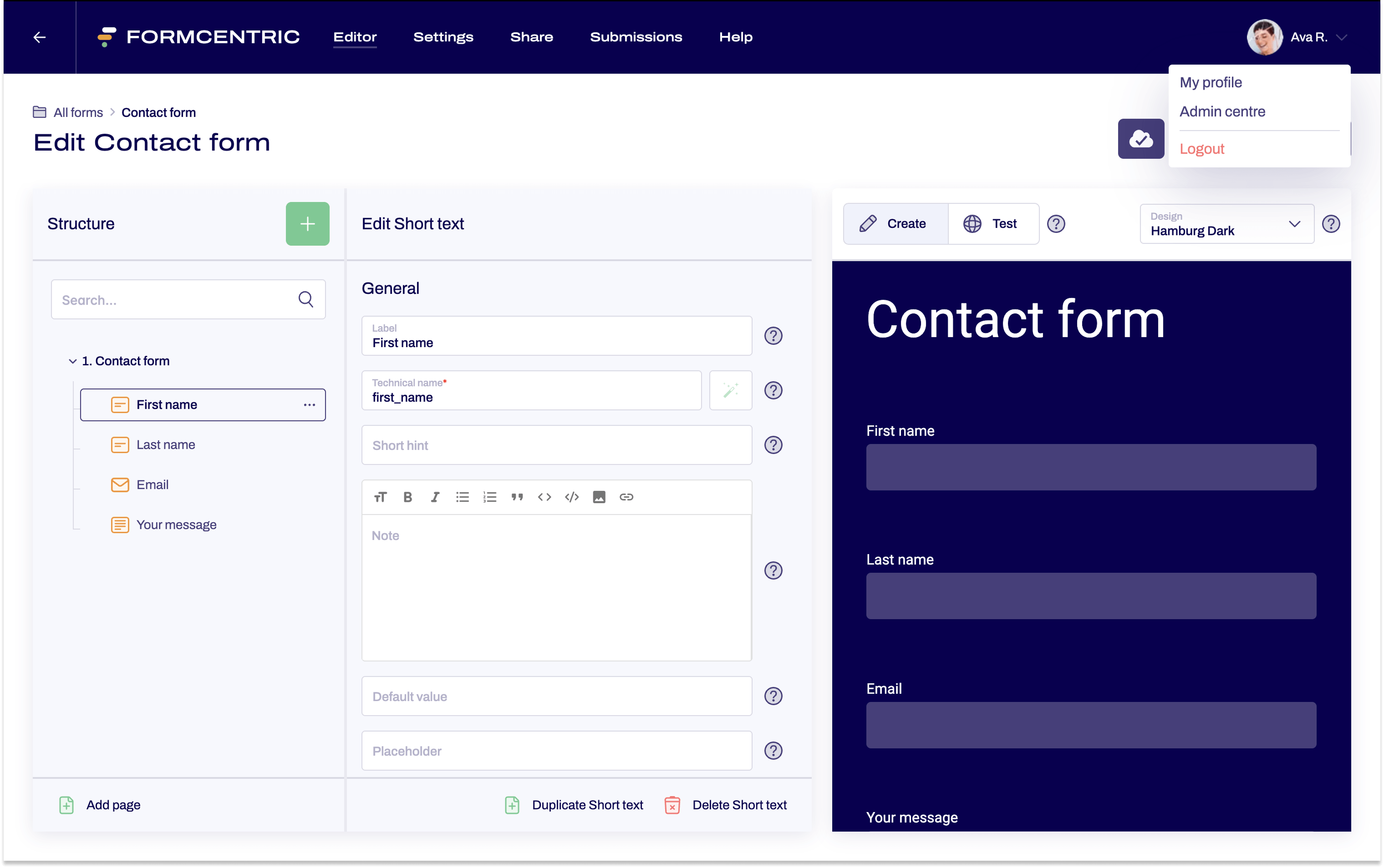 The editor is open. A contact form has been created.