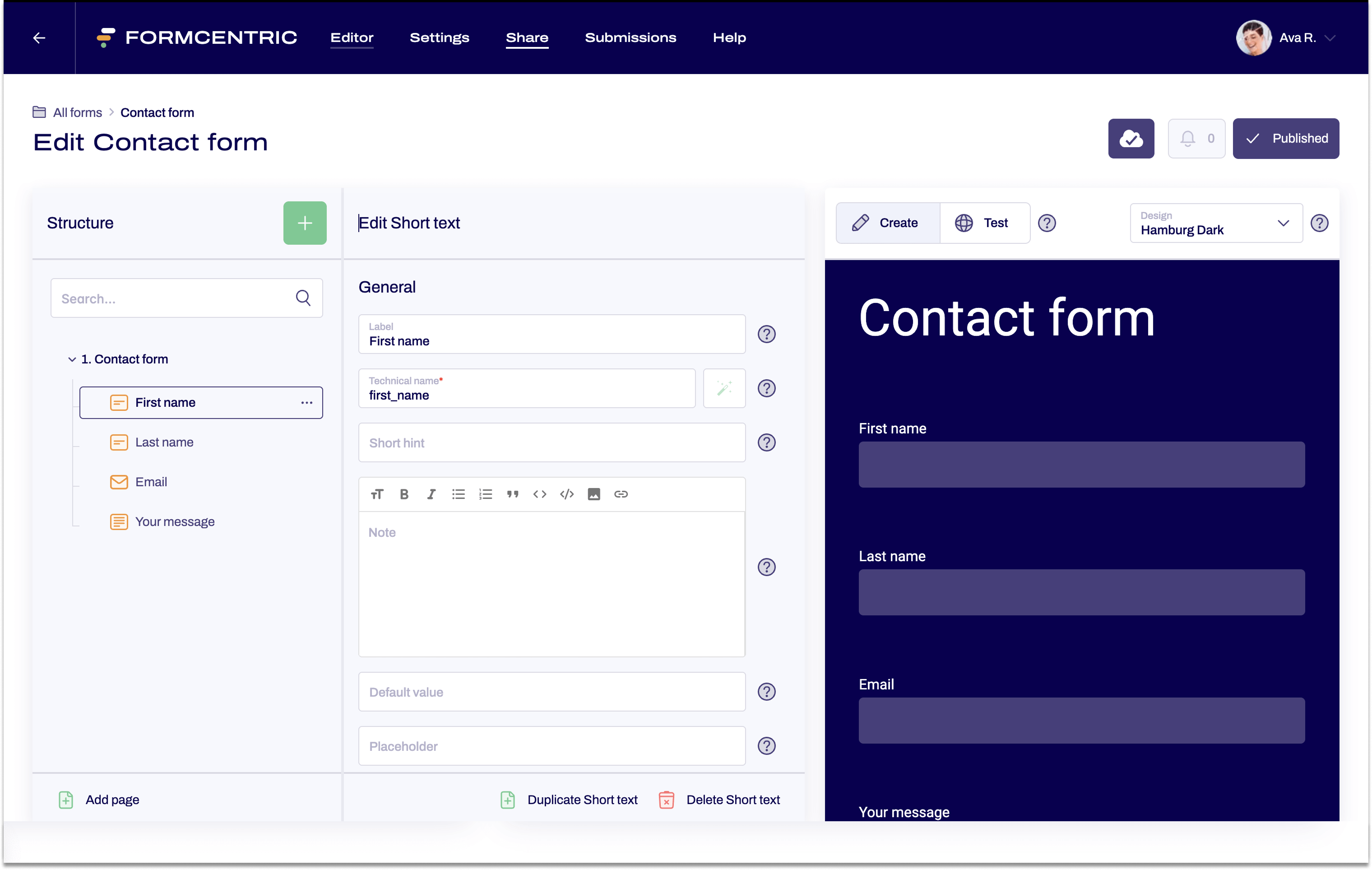The editor is open. A contact form has been created. An orange arrow points to Share at the top of the menu.