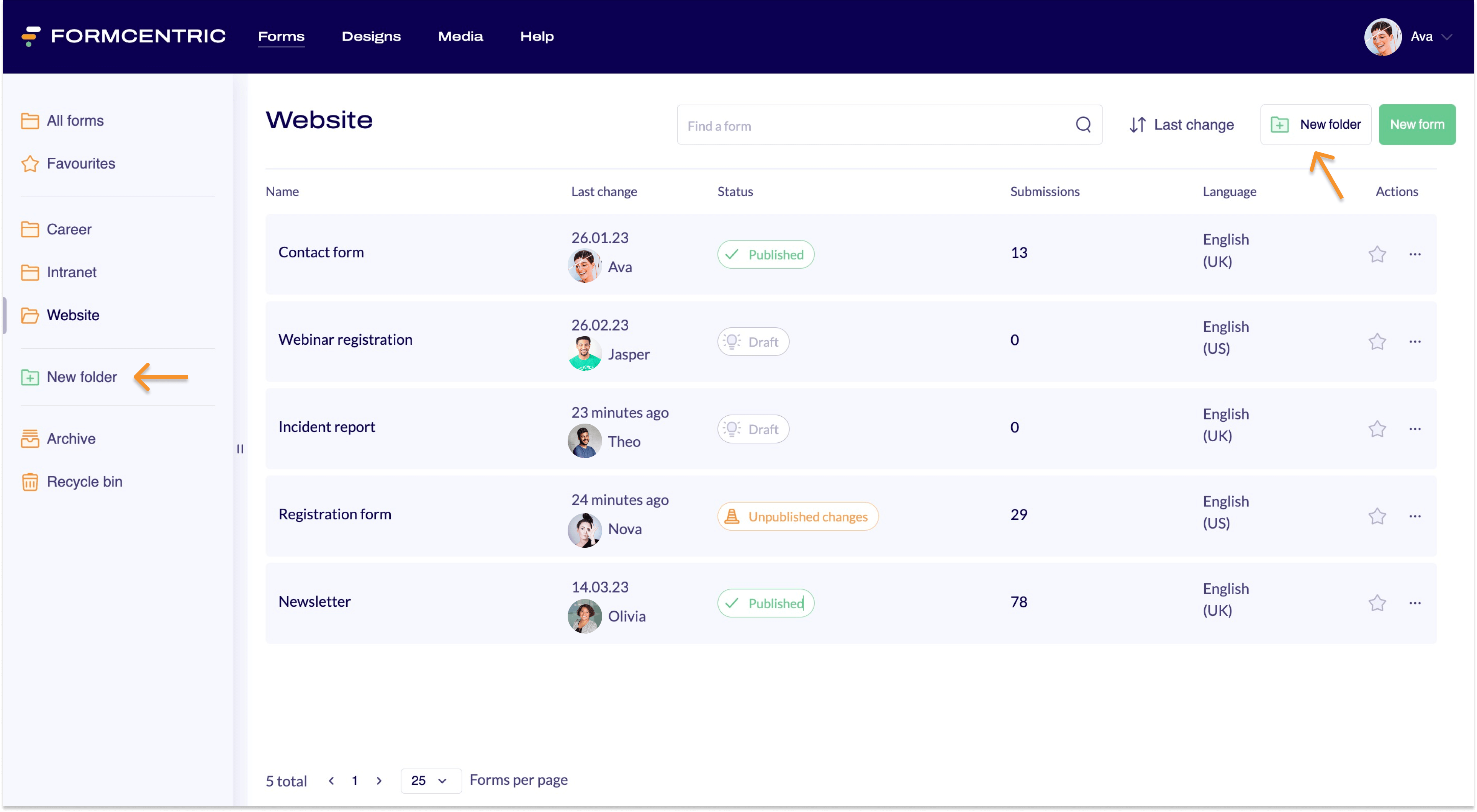 Screenshot of the Forms area where an arrow points to New Folder in two places.
