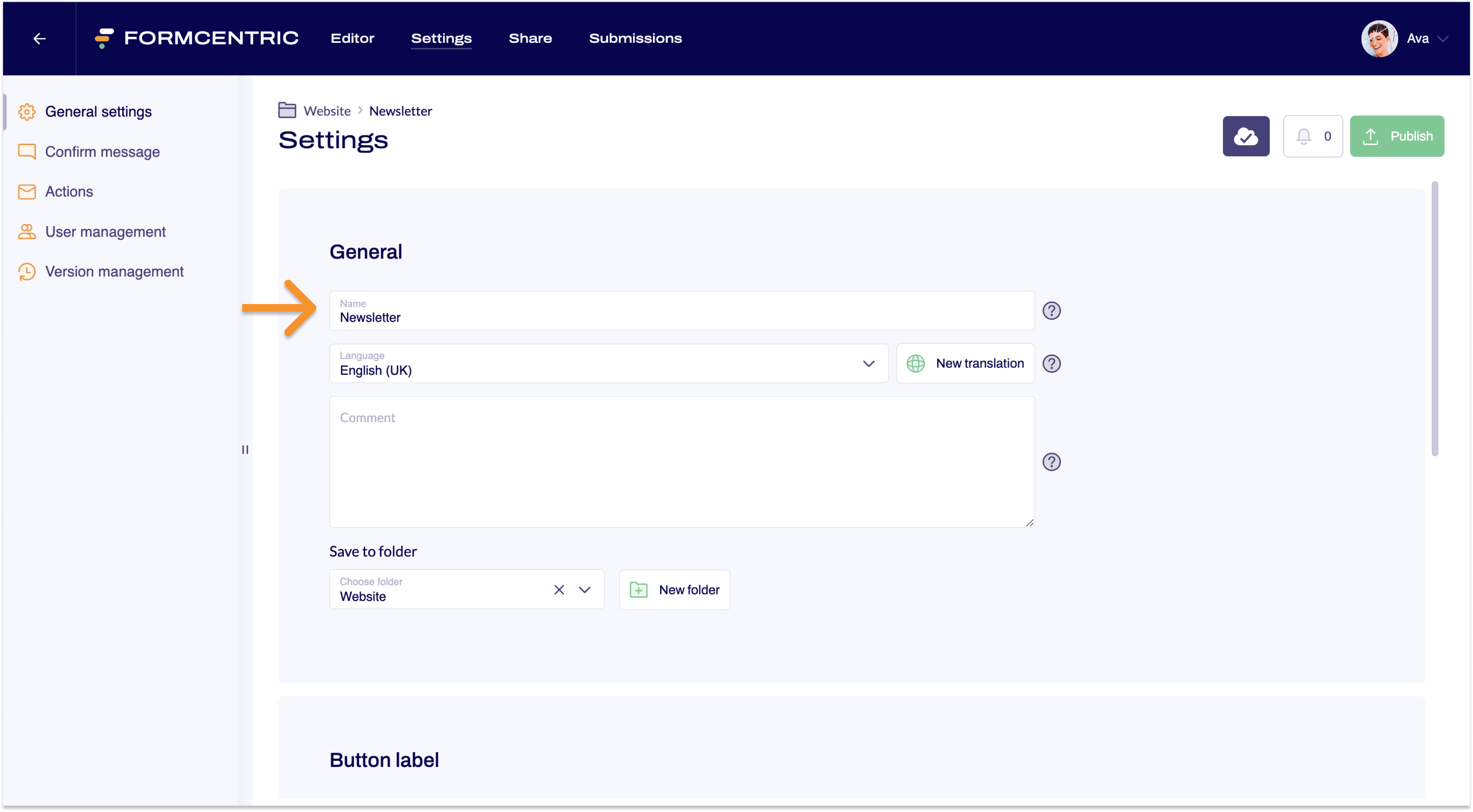 Screenshot of the Settings area. An arrow points to the input field Name. 