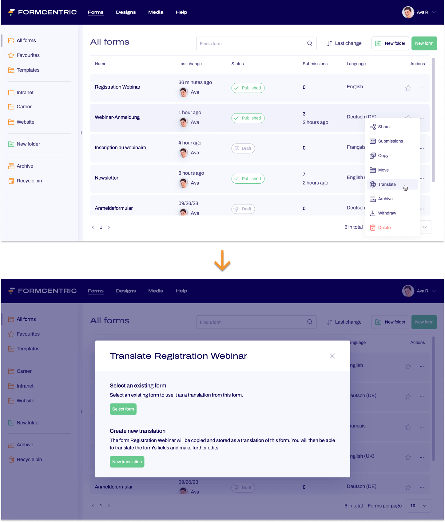 Screenshot of the Forms area. Below this, an arrow points to a screenshot with a selection dialogue.