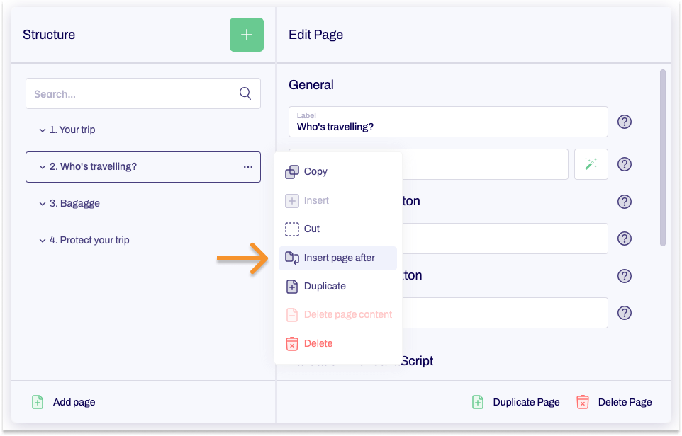 Screenshot of a section of the Editor showing the form tree and editing area. An arrow points to Insert page after in the context menu. 