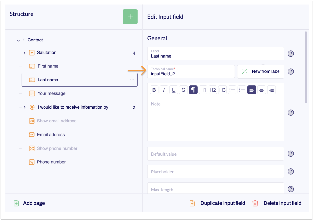 A section of the Editor showing the form tree and editing area. An arrow points to the input field Technical name. 