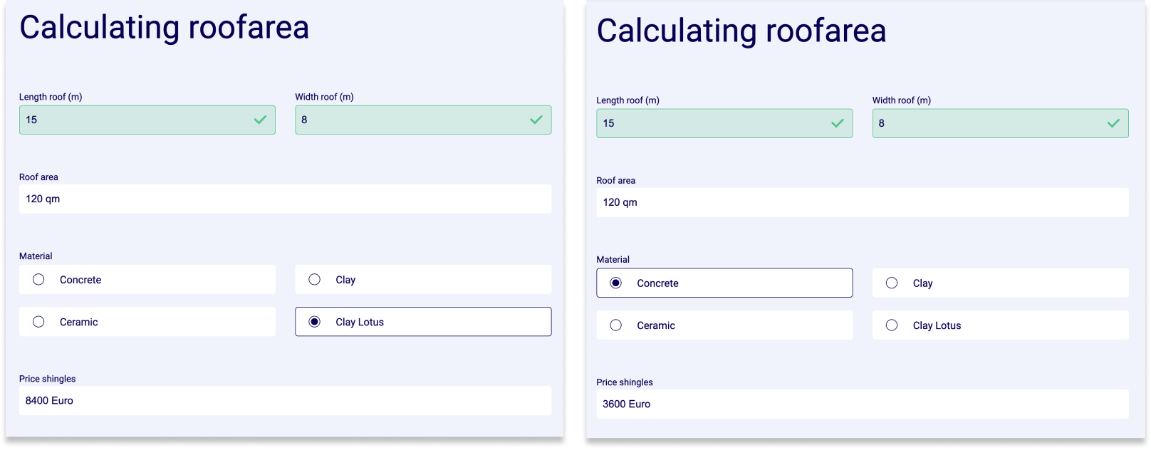Two forms with different calculated values are shown.