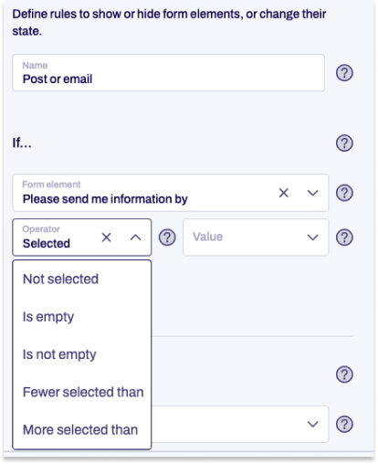 Condition with selected form element and selected operator shown.