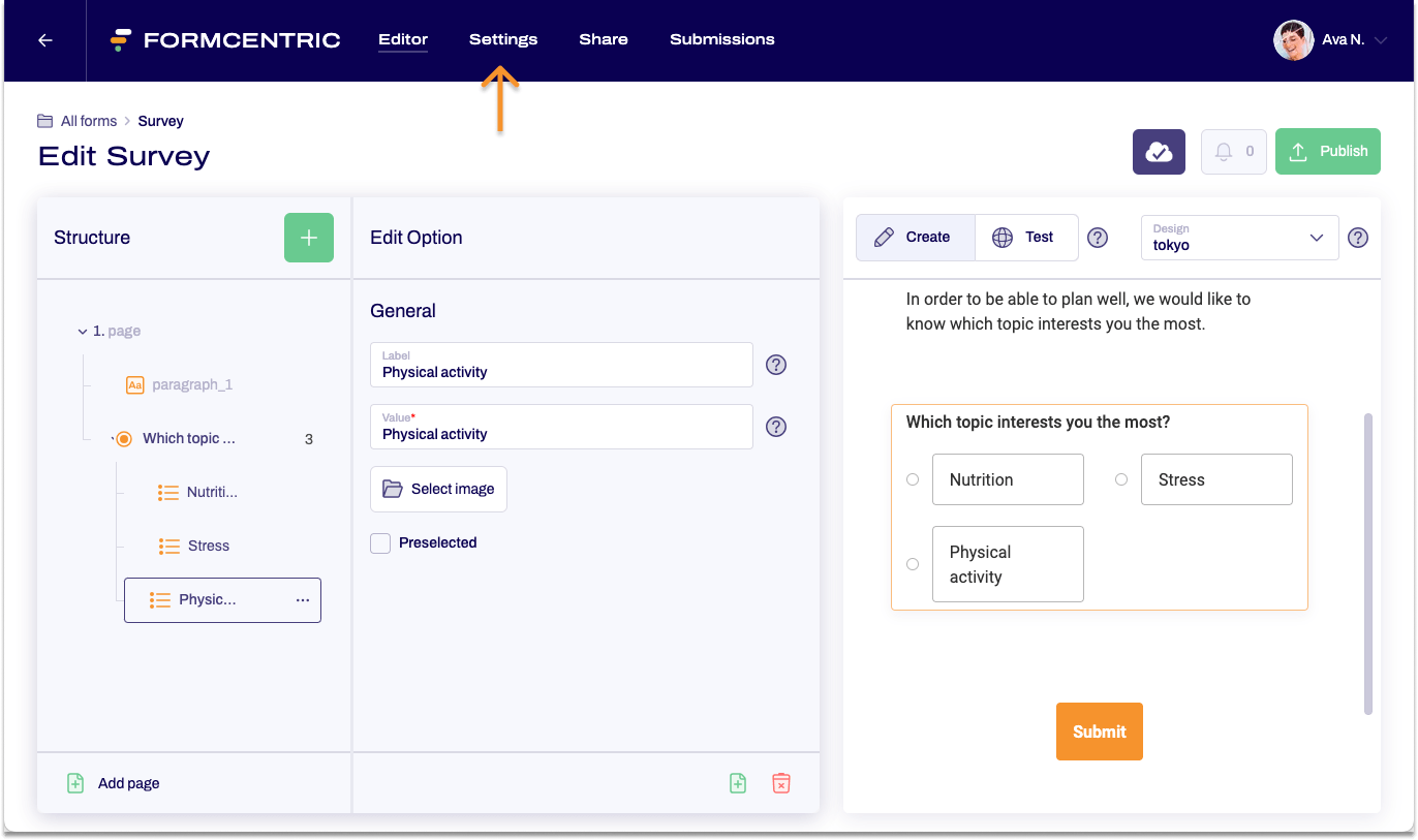 The editor is visible. An arrow points to Settings at the top of the navigation bar.