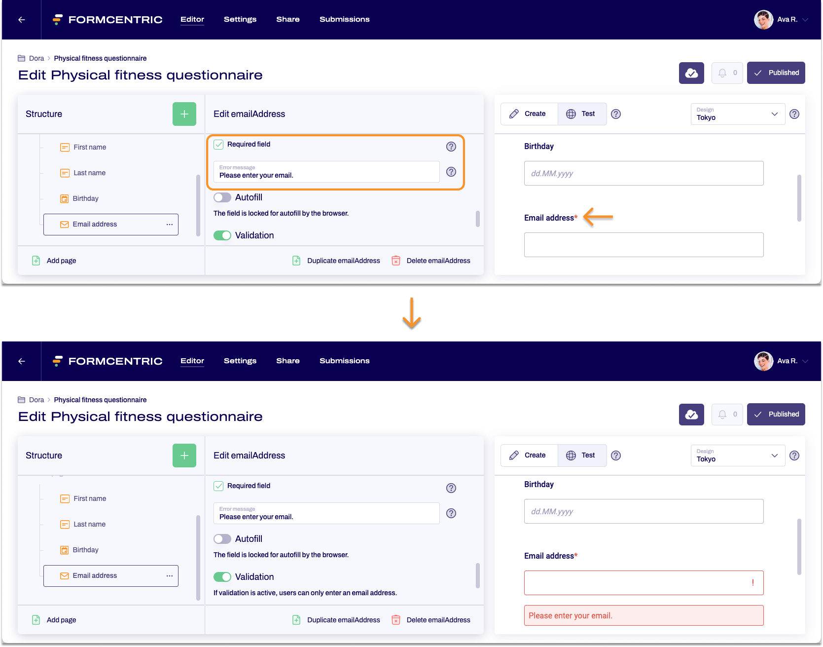 Screenshot of the required field section in the editing area. 