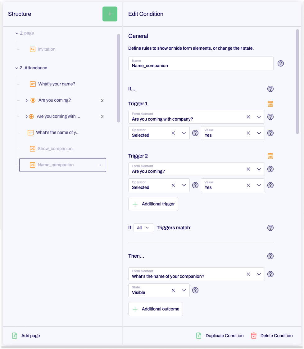 The editor is shown and a page condition is being edited.