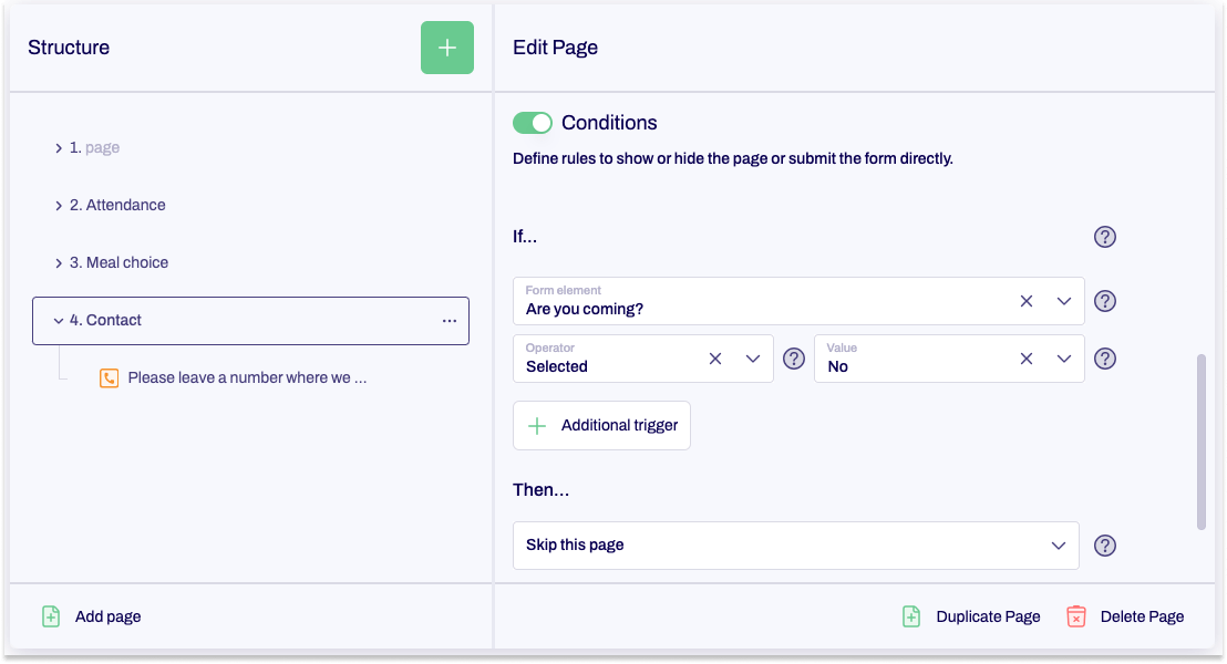 The Editor is shown and a page condition is being set.