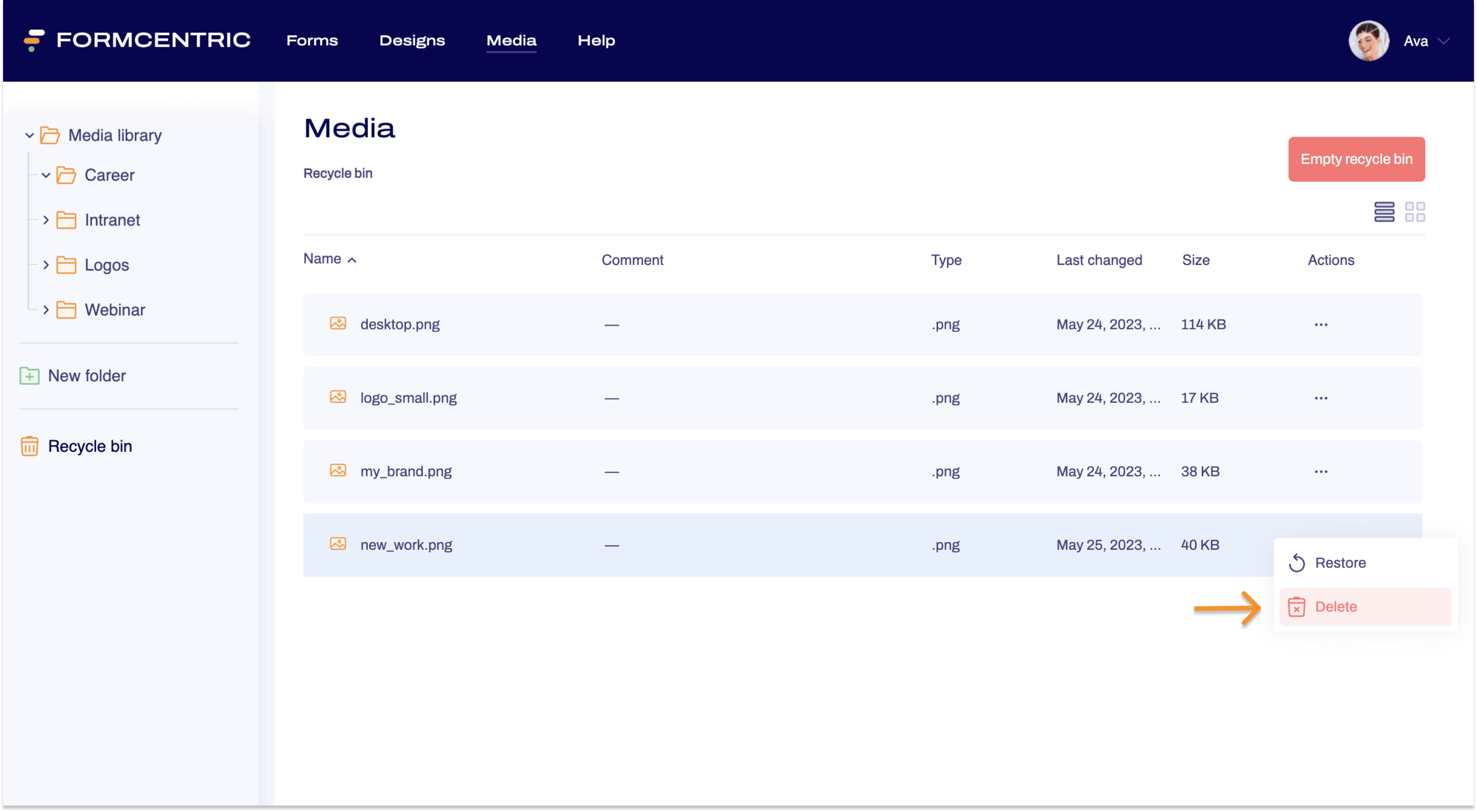 Screenshot of the Media area showing the content of the recycle bin. The context menu of the context menu link can be seen and an arrow points to Delete.