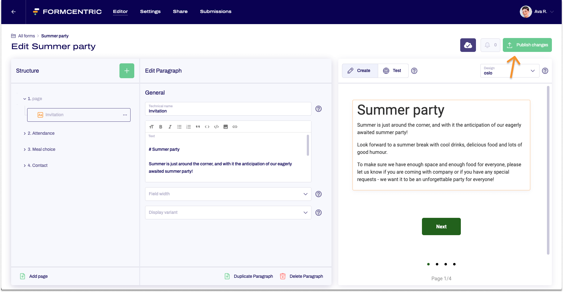The Editor is shown. The form has unpublished changes.