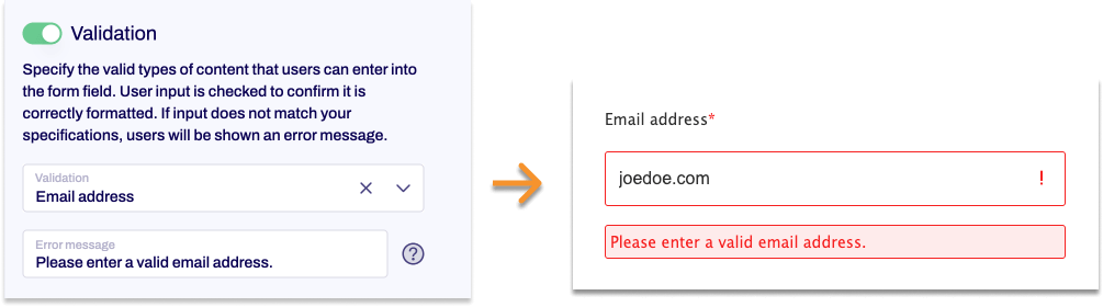 Section of the editing area. The validator email is selected.