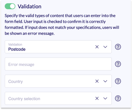 Section of the editing area. The validator Postcode is selected.