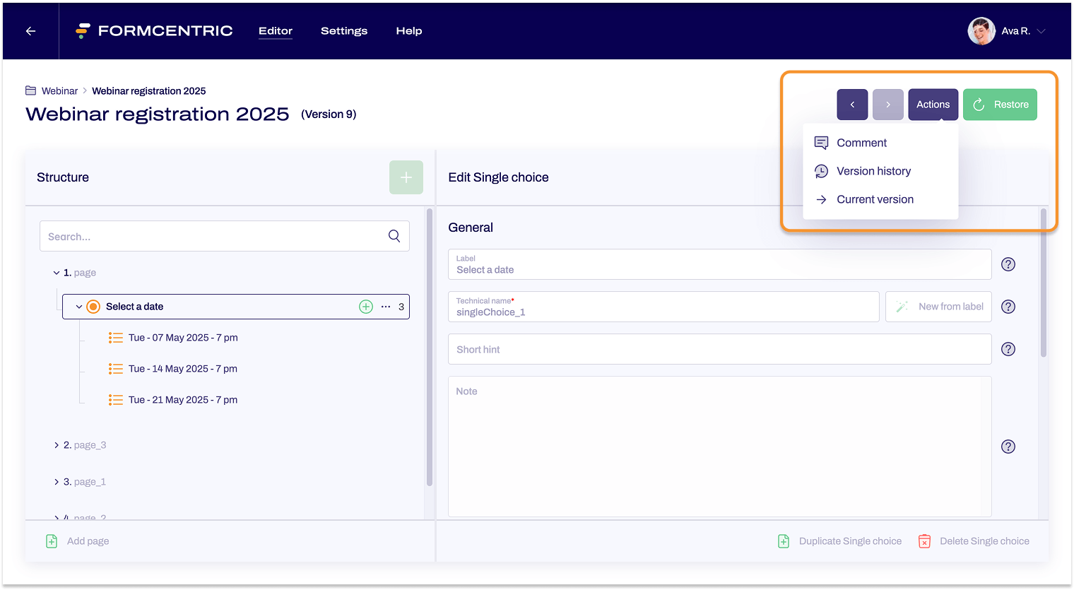 Version 9 of the 'Webinar registration' form is open. In the top right, a rectangle frames several buttons.